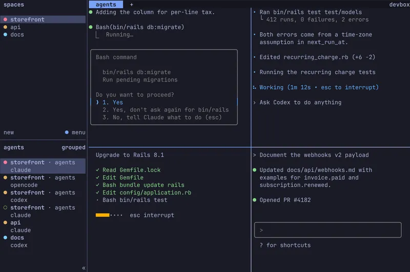 herdr on an XPS 13: six coding agents across three workspaces on a remote dev box. One waits for approval to run a migration, three are working, two are done.